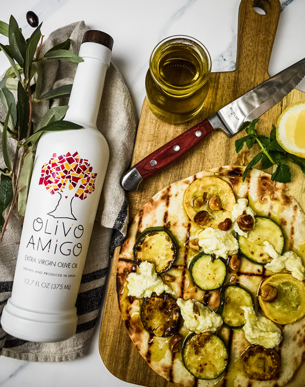 Olivo Amigo, yourolivoamigo, evoo, olive oil, extra virgin olive oil, joy olive oil, vitality olive oil, zuchinni and ricotta flatbread, pizza recipes